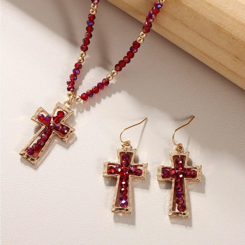 Gold Cross Necklace & Earrings Set with Red Crystal Accents Baptism Easter Gift